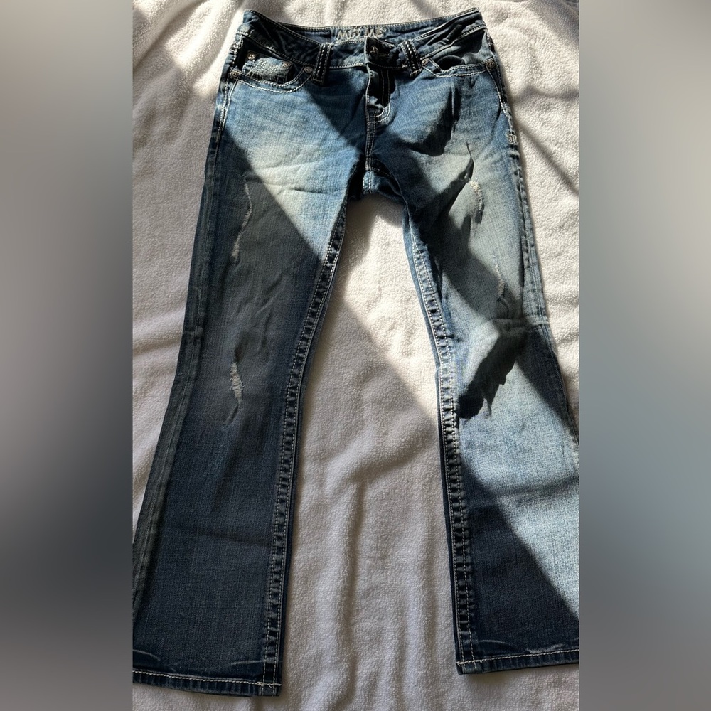 Miss Me Womens Blue Distressed Medium Wash Coin Pocket Denim Bootcut Jeans Sz 27
